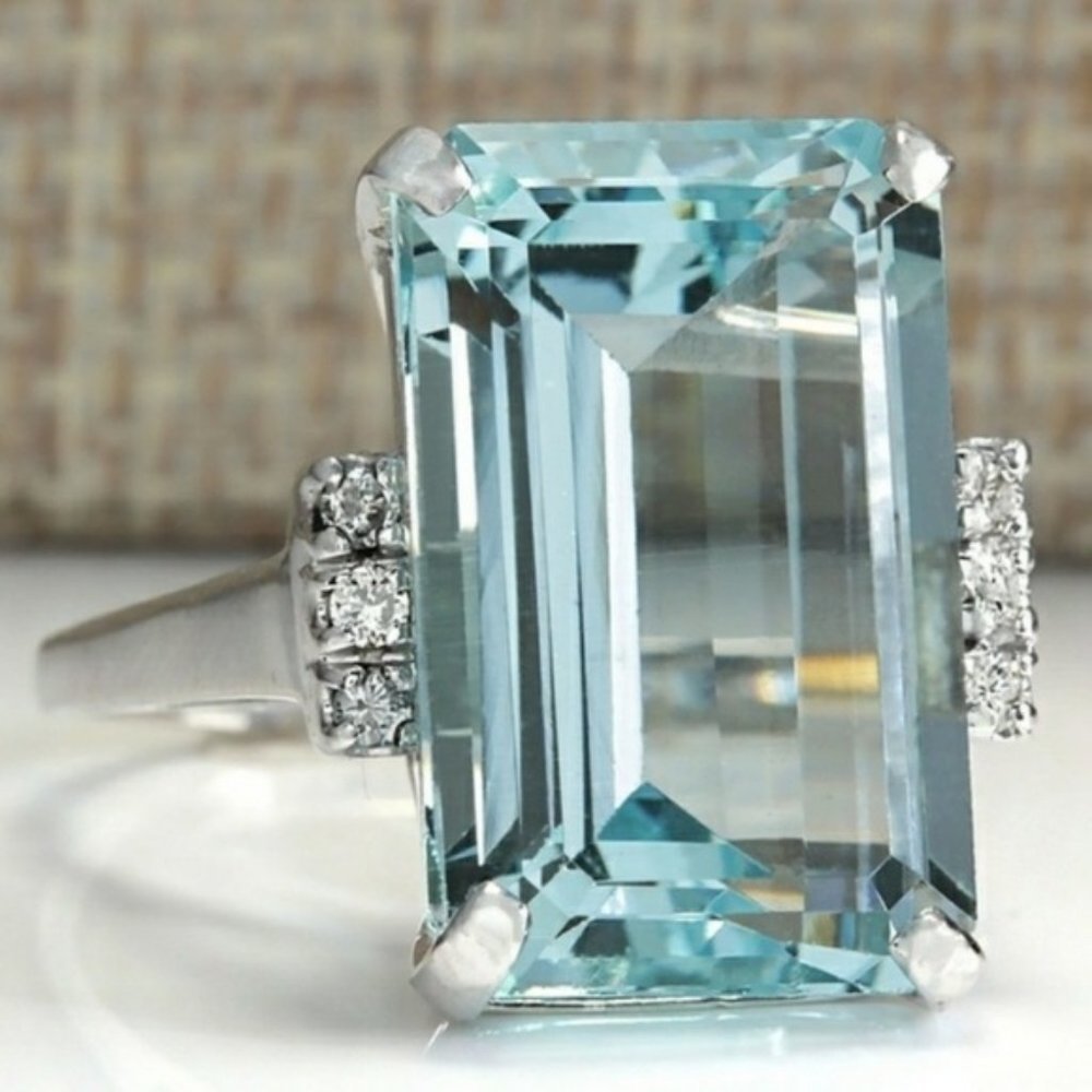 Aquamarine Emerald-Cut Ring with Diamond Shoulders - Light Blue